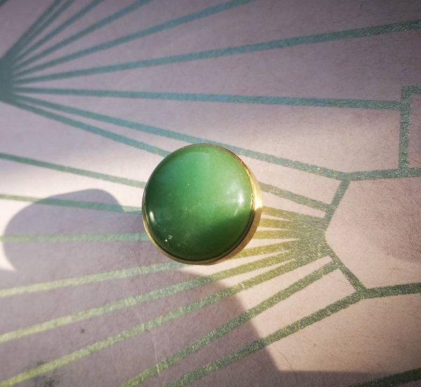 Round polished apple green jade drawer handle/Green stone and gold brass cabinet pull/Leaf green gemstone door knob/Green stone hardware