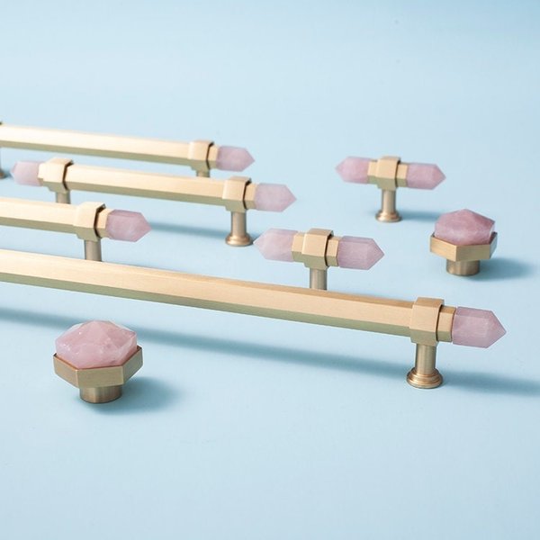 Luxury gold and rose pink quartz crystal hexagonal bar pull/gemstone drawer pull/crystal cabinet handle/gold door handle/hexagonal knob