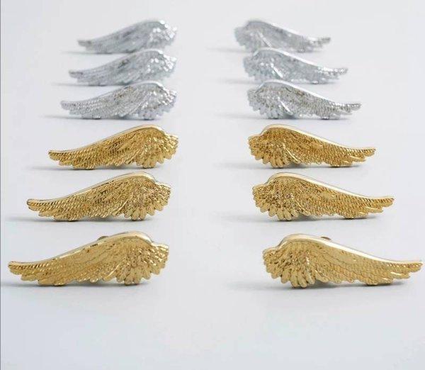 Small shiny gold or silver angel wing cabinet pull/Feathered wing drawer handle/Shiny furniture hardware/small bird wing shaped door knob