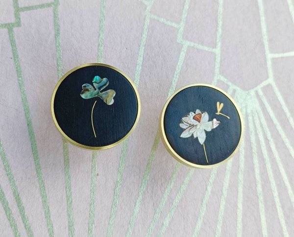 Round gold brass walnut wood and shell inlay drawer pull/Intricate pearl inlay cabinet pull/waterlily door handle/clover leaf design handle