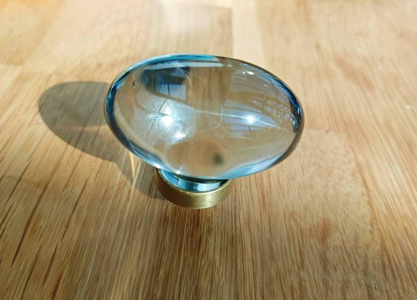 Grey oval crystal and brass cabinet pull/Retro cool grey egg shape crystal drawer knob/mid century style smooth polished crystal door handle