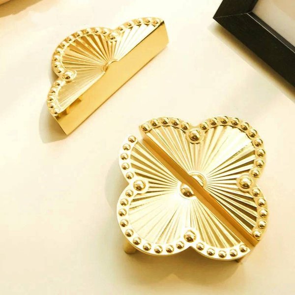 Ornate shiny gold brass cabinet pull/Clover shaped drawer pull/Semi circle door handle/ furniture hardware/kitchen handles/home improvement