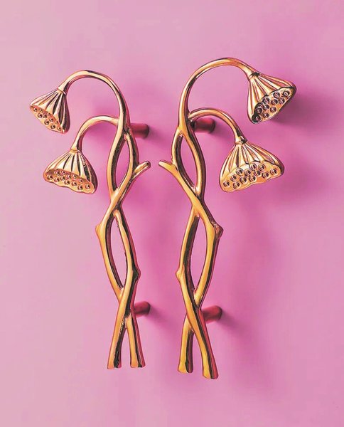 Gold brass Art Noveau style poppy stalk door handles/Complementary seed head design wardrobe handles/Botanical gold brass drawer pulls