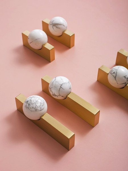 White and grey marble stone ball and brass bar handle/Marble stone drawer pull/unique cabinet handle/IKEA hack/wardrobe door handle