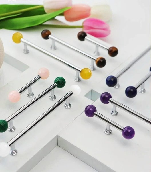 Silver bar handle with semi precious stone balls/Colourful cabinet handle/Stone furniture hardware/crystal drawer pull/Silver cabinet pull