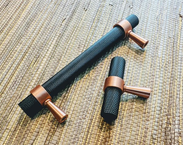 Knurled matte black and rose gold cabinet handle/copper and black drawer pull/rose gold furniture hardware/black and rose gold door handle