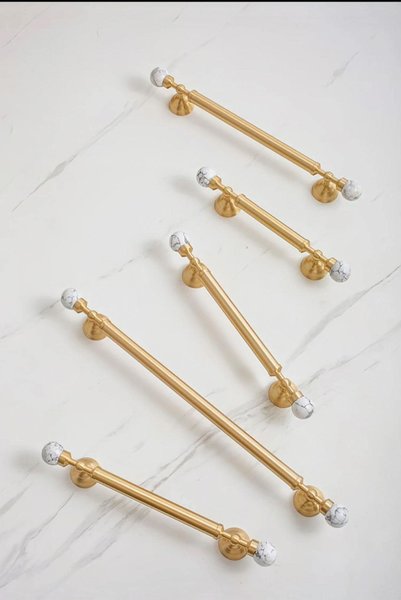 White marble and brass bar handle/Stone and brass drawer pull/unique cabinet handle/IKEA hack/wardrobe door handle/Geometric shaped hardware