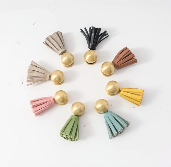 Gold brass and leather tassel drawer handle/Brass and leather tassel cabinet pull/Colourful leather and brass door handle/Leather hardware