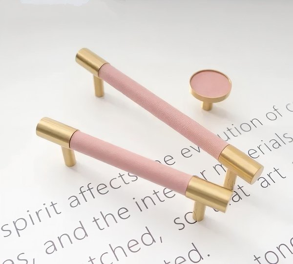 Baby pink Leather and Brass cabinet handle/Leather drawer pull/Light Pink door handle/Leather door knob/Leather handle/Leather hardware