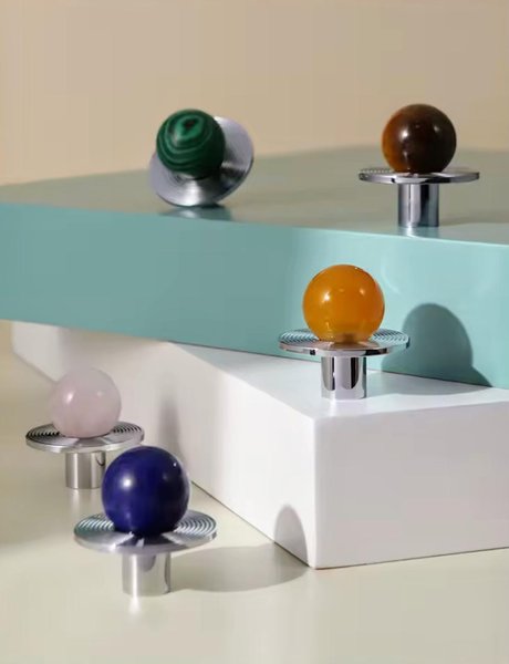 Round colourful semi precious stone ball and brass drawer pull/bright gemstone cabinet handle/Retro style door knob/mcm brass drawer handle